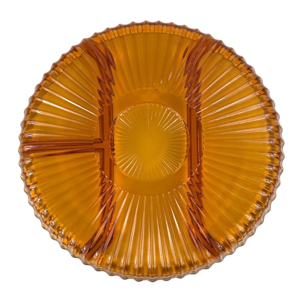 Indiana Glass Amber Ribbed 4 Part Divided Relish Dish Serving Tray Lazy Susan - Picture 7 of 10